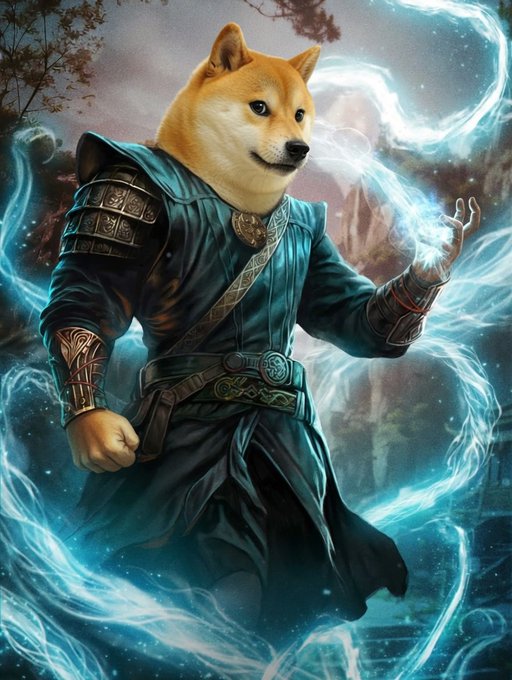 The image features a dog dressed as a wizard, complete with a robe and hat, holding a wand and surrounded by blue smoke. The background of the image includes trees and mountains, creating an atmosphere reminiscent of a fantasy world or magical setting. The caption "DOGE" is written in white text at the bottom of the image, indicating that this is likely a post about dogs dressed as wizards on social media platforms like Instagram.