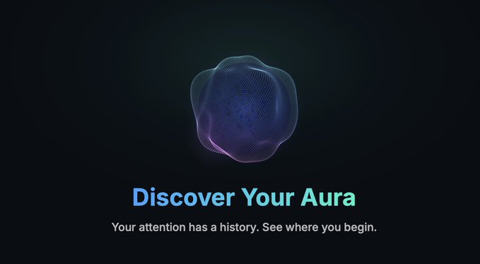 The image shows a dark screen featuring an abstract purple and blue wavy sphere graphic above the text "Discover Your Aura" and "Your attention has a history. See where you begin." This appears to be a promotional screen for the new "Aura" feature on Kaito, which the post explains can be exchanged for by following the steps to log in, bind a Twitter account, verify a wallet, and claim.