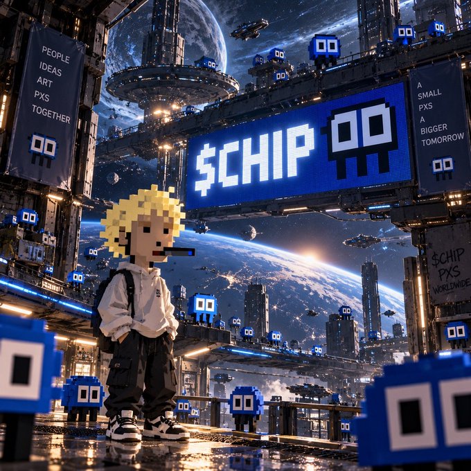 A futuristic sci-fi digital artwork featuring a pixelated figure smoking a cigarette, standing in a space colony above Earth with prominent '$CHIP' branding and banners reading 'PEOPLE IDEAS ART PXS TOGETHER' and 'A SMALL PXS A BIGGER TOMORROW'.