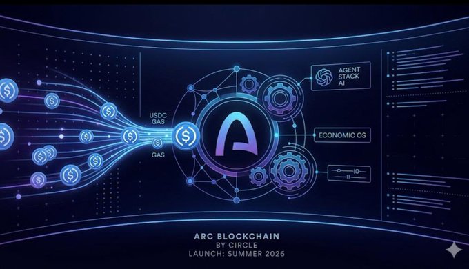 A digital promotional graphic for Arc Blockchain by Circle, launching summer 2026, featuring USDC, GAS, Agent Stack AI, and Economic OS components.