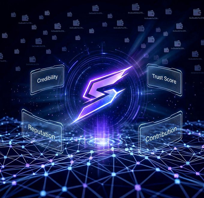 A digital graphic featuring a glowing purple 'S' logo at the center, surrounded by four labels reading 'Credibility', 'Trust Score', 'Reputation', and 'Contribution', set against a network node background with floating folder icons.