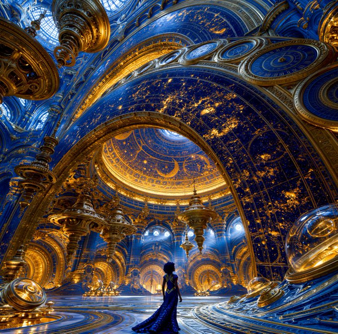 A digital artwork shows a small figure in a flowing blue and gold dress standing in a grand, ornate hall with vaulted ceilings covered in a starry blue and gold pattern, featuring golden architectural details, arches, and a reflective floor.