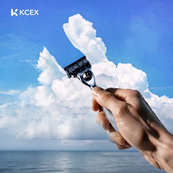 A promotional image featuring a hand holding a razor against a backdrop of clouds and ocean, with the 'KCEX' logo in the upper left corner.