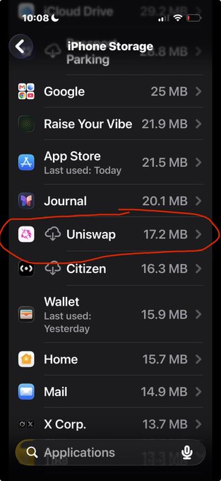 An iPhone Storage settings screen showing app usage with "Uniswap" at 17.2 MB circled in red.