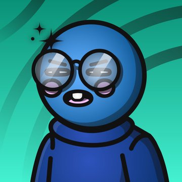 A cartoon illustration of a blue character wearing a hoodie and large round glasses, with a sparkle near its head.