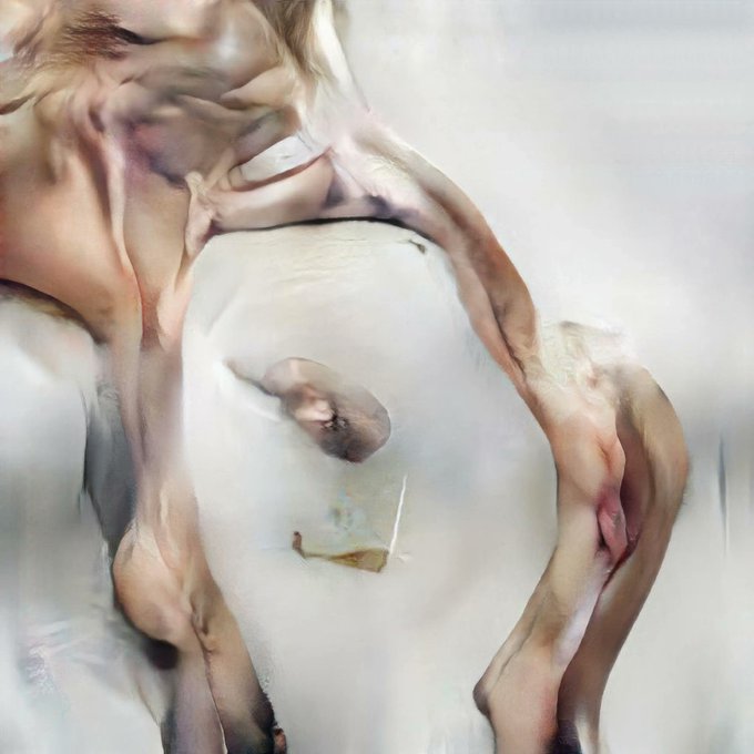 An abstract, distorted digital image with pale, smeared tones creating a fluid, motion-blurred effect.