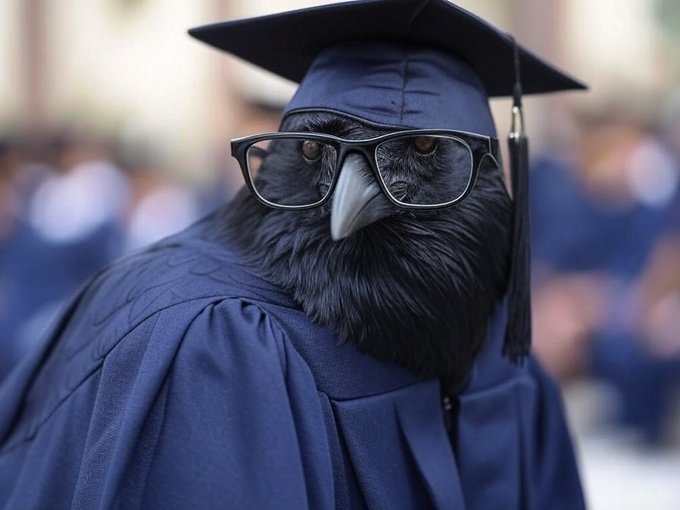 A close-up of a black crow wearing black-framed glasses and a navy blue graduation cap and gown, with blurred figures in the background suggesting a graduation ceremony.