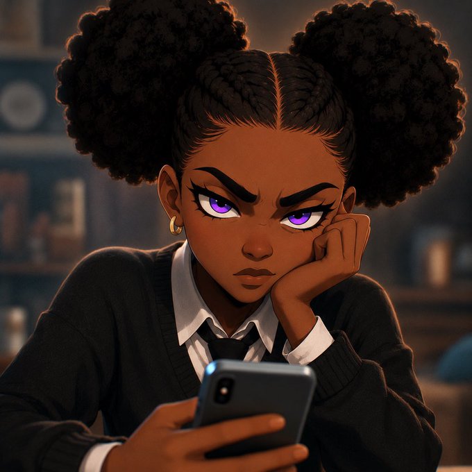 A digital illustration of an animated young woman with dark skin, striking purple eyes, and double afro puffs with braids, resting her chin on her hand while looking sternly at a smartphone.
