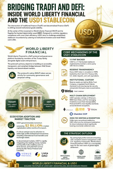 The infographic, titled "BRIDGING TRADFI AND DEFI: INSIDE WORLD LIBERTY FINANCIAL AND THE USD1 STABLECOIN," outlines World Liberty Financial (WLFI) as a Trump-family-backed DeFi protocol built on Ethereum, highlighting the USD1 stablecoin's features—including its 1:1 fiat backing, institutional custody by BitGo, and multi-chain deployment on BNB Smart Chain, Tron, and Ethereum—along with its $2 billion market cap and partners like Venus Protocol and ListaDAO.