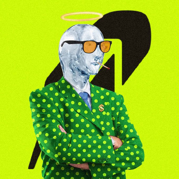 A pop-art style illustration shows a silver-faced figure with orange sunglasses, a halo, and a cigarette, wearing a green polka-dot suit with a dollar sign lapel pin against a bright green background.
