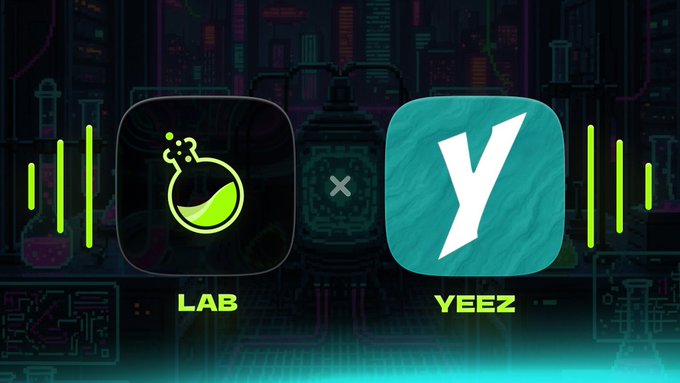 Two mobile app icons displayed against a dark cyberpunk city background: 'LAB' (a black icon with a bubbling flask/beaker logo) and 'YEEZ' (a teal icon with a white 'Y').