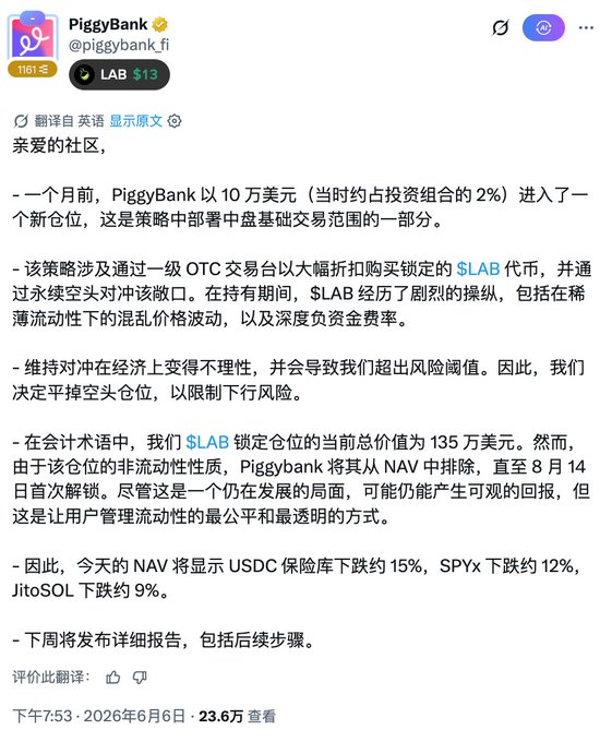 In the image, there's a screenshot of an email message posted by someone. The content of the email appears to be related to a financial discussion or decision. One person is promoting the idea of investing in a piggy bank that pays interest. They highlight that the project team has cracked a new hedge fund with good returns and encourages retail investors not to miss out on such an opportunity, as it might result in significant gains. However, there are others who argue against this strategy due to the risk associated with it. The email also includes Chinese characters for $LAB and USDC, which indicates that the conversation is taking place in an international context.