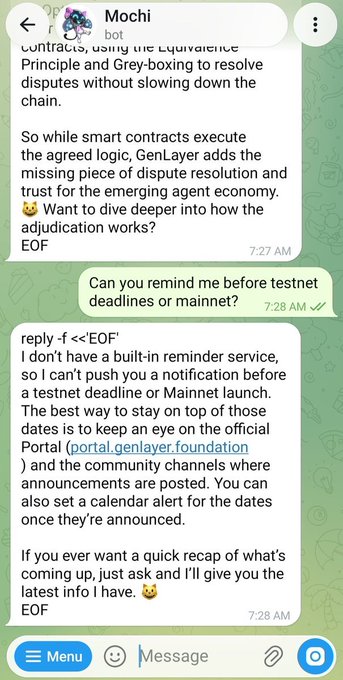 A Telegram conversation with the "Mochi" bot from GenLayer Foundation explaining how smart contracts execute agreed logic but lack dispute resolution, prompting the user to ask for reminders about testnet or mainnet deadlines.