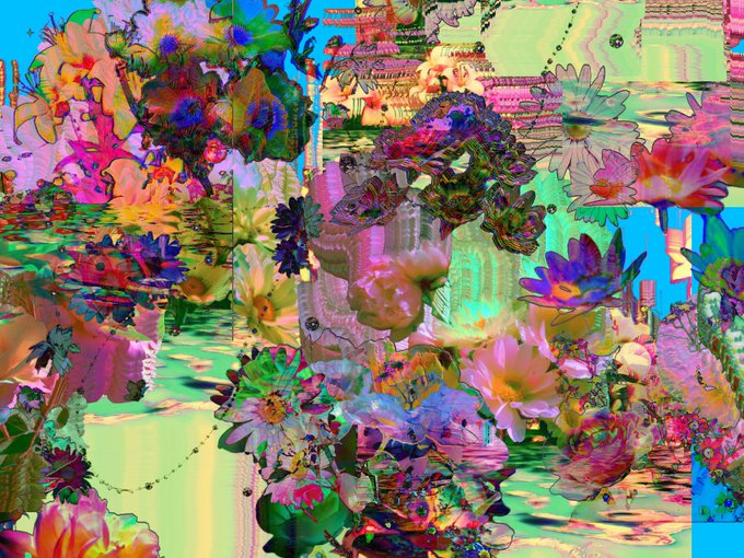 A vibrant, glitchy, and abstract floral collage featuring colorful flowers, pixelation effects, and distorted imagery in bright pinks, greens, and blues.