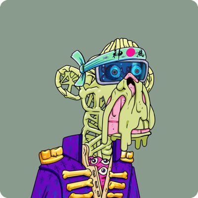 An illustration of a melting, skeletal monkey face with exposed brains, wearing a green headband with Japanese characters, blue VR-style goggles, and a purple military jacket with gold accents.