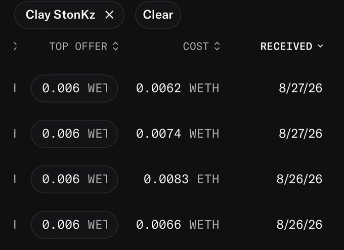 Dark-mode web interface showing a transaction history with 'ClayStonZ' selected, listing top offers of 0.006 WEI and costs in WETH/ETH received in August 2026.
