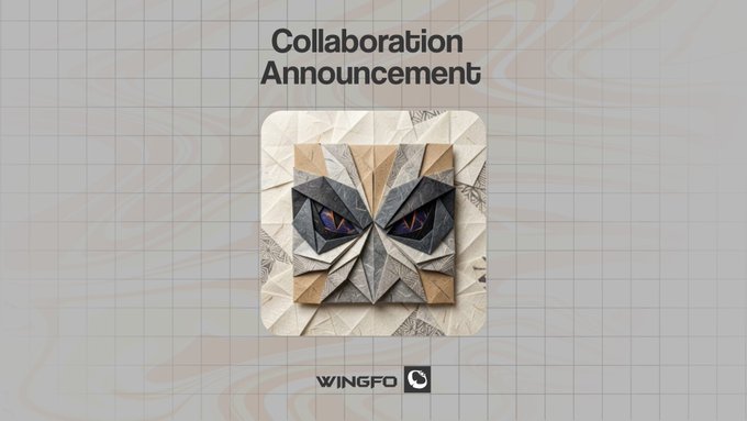 A "Collaboration Announcement" graphic featuring a striking origami-style creature with piercing eyes against a marbled paper background, branded with the Wingfo logo, promoting the collaboration with Kaiju Fold and its native $FOLD token ecosystem.