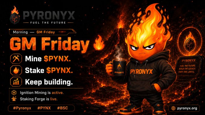 The image is a promotional graphic for Pyronyx's "GM Friday" campaign, featuring a fiery orange mascot wearing a Pyronyx hoodie holding a coffee mug against a volcanic backdrop, with a volcano, pickaxe, and stone monument displaying "PYRONYX — Fuel the Future." It visually reinforces the post's message to mine and stake $PYNX on BSC, with supporting text highlighting that Ignition Mining is active and the Staking Forge is live.