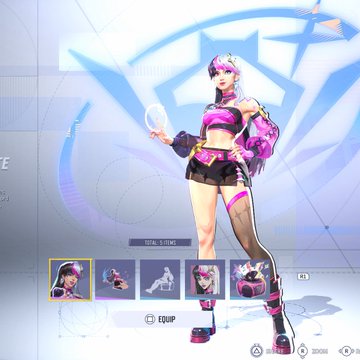 A character customization screen featuring a stylized female character with pink hair, a crop top, and shorts holding a ring light, with an EQUIP menu below.