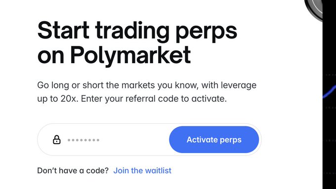 The image shows a "Start trading perps on Polymarket" prompt, asking users to enter a referral code to activate trading with up to 20x leverage, which is relevant to the post asking if Polymarket perps are down.