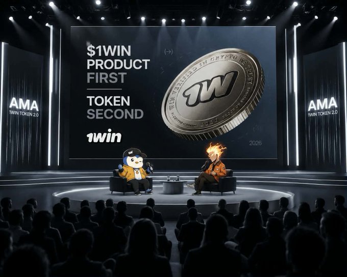 1WIN Token 2.0 AMA promotional graphic showing '$1WIN PRODUCT FIRST TOKEN SECOND' with a large 1WIN coin display and an interview stage featuring a cartoon dog mascot and a character with a flaming head.