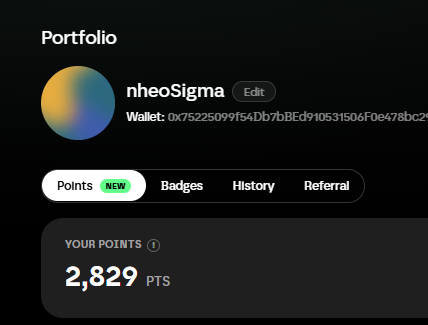 A portfolio page for "nheoSigma" with wallet address 0x7522509... displays 2,829 points on the "Points" tab, illustrating the leaderboard standings referenced in the post about the close competition with "First place" and "Axis."
