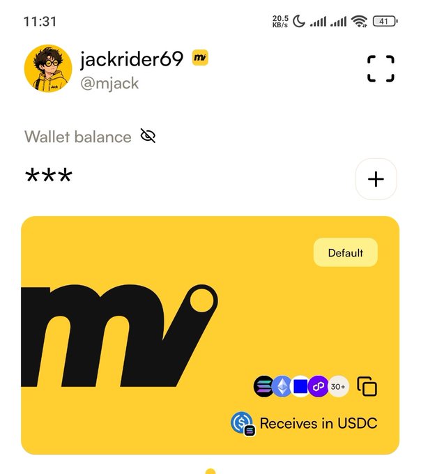 The image shows a screenshot of the Moove crypto wallet app displaying the profile "jackrider69" (@mjack) with a hidden wallet balance (shown as asterisks) and a yellow Moove card labeled "Default" that supports multiple chains and "Receives in USDC." This relates to the post by promoting Moove as a superior alternative to wallets like MetaMask, Phantom, and Trust Wallet, highlighting features like zero swap fees and handle-based sending.
