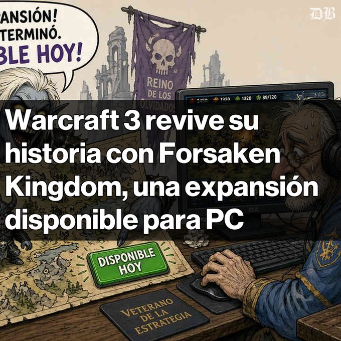 A promotional graphic for Warcraft 3: 'Forsaken Kingdom' expansion, announcing its availability for PC ('DISPONIBLE HOY'), featuring a player character and an orc on the screen.