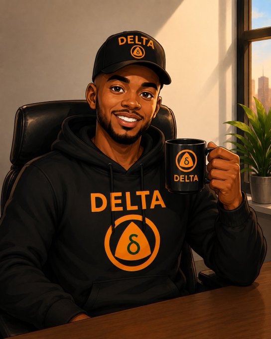 A digital illustration of a young man wearing a black cap and hoodie branded with 'DELTA' logos, holding a matching black mug with the Delta triangle symbol in an office setting.