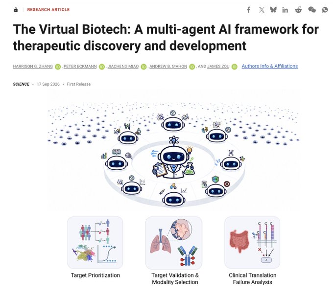 A Science magazine research article titled 'The Virtual Biotech: A multi-agent AI framework for therapeutic discovery and development' by Harrison G. Zhang et al., featuring an illustration of interconnected AI agents.