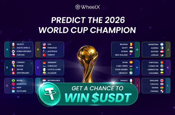 The image features a poster for an app called WheelX that allows users to predict the outcome of the World Cup. The poster includes a gold trophy, which represents the winning team, and a green button with the text "Win $USDT!". Below this, there is a list of countries participating in the World Cup along with their respective teams' names. The app's goal is to help users make accurate predictions about the World Cup outcome by analyzing various factors such as team performance, historical data, and other relevant information.