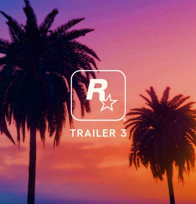 Rockstar Games logo with the text 'TRAILER 3' displayed over a sunset scene with silhouetted palm trees.