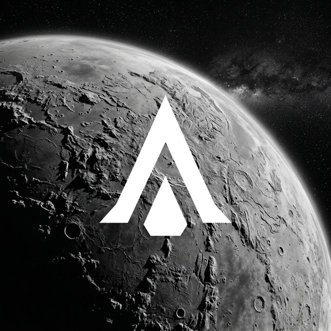 A monochromatic image of a heavily cratered moon surface set against a starry space background, overlaid with a white geometric triangle logo.