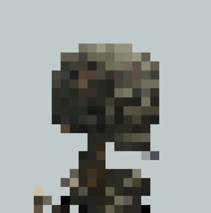 A heavily pixelated, blocky figure in dark earth tones rendered in a Minecraft-style aesthetic against a pale blue background.