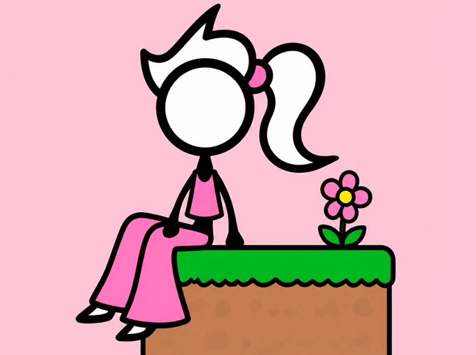 A cartoon illustration of a faceless stick-figure girl with white hair and a pink dress sitting on a grassy platform next to a pink flower, against a pink background.