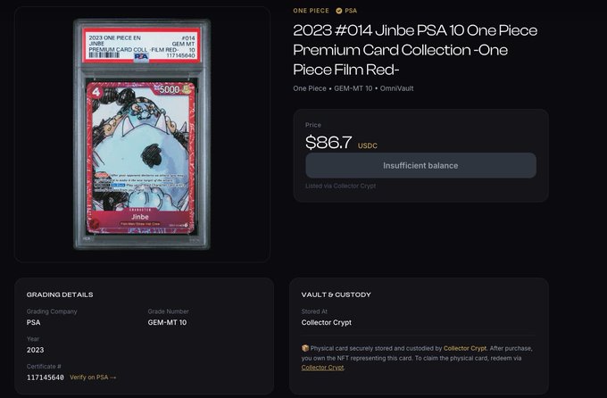 A PSA 10-graded 2023 One Piece Jinbe Premium Card Collection #014 (GEM-MT 10, Cert #117145640) is listed for $86.70 USDC via Collector Crypt, though the user's balance is insufficient, illustrating how Artifacte's Solana-based dashboard aggregates RWA and NFT listings to help assess card deals and liquidity.