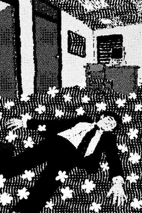 A high-contrast black and white image shows a person lying back on a floral-patterned couch in a living room, with the photo processed to appear as if overlaid with a bold halftone print effect and scattered white flower graphics. The caption suggests this is a work-in-progress preview ("detail is about done") before color is added, hinting that the "sunday gms" project is being shared in a stylized, textured form.