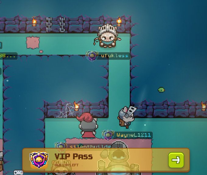 A screenshot of a 2D multiplayer game shows pixel art characters with usernames 'ufukless' and 'WayneL1211', along with a pop-up offering a 'VIP PASS'.