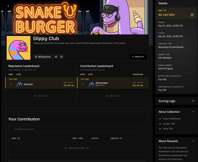 A mobile screenshot of the 'Slippy Club' campaign page showing '300 GTD Spots', 'Top 200' and 'Top 100' reward tiers, and Contribution Leaderboard ranks for users 'dnhkunin' and 'dnhxrongon' within a snake-themed interface.