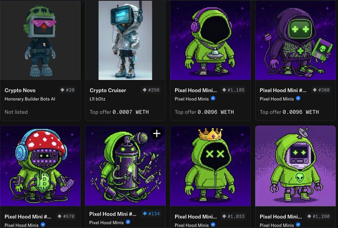 A screenshot displays NFT listings on a marketplace, featuring characters like 'Crypto Novo', 'Crypto Cruiser' (Lil b0tz), and several 'Pixel Hood Mini' collectibles with prices shown in WETH.
