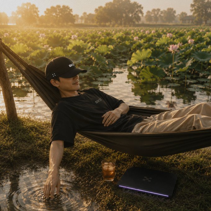 A person wearing a DXZ cap and shirt relaxes in a hammock by a lotus-filled pond at sunset, with an iced drink and a laptop nearby.