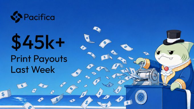 A Pacifica promotional graphic features a cartoon shark in a top hat and suit operating a money-printing machine that spews dollar bills, accompanied by the text "$45k+ Print Payouts Last Week" — visually illustrating the post's claim about generating over $45,000 in payouts for users whose orders earned yield while waiting.