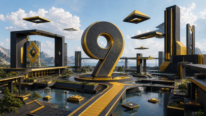 A futuristic cityscape features a massive golden and black number "9" at its center, surrounded by floating geometric tiles, sleek skyscrapers, and reflective water pathways under a bright sky. The scene ties to the post's "Day 6 inside the 9Y World" theme, where participants are challenged to spot 2 hidden green candles cleverly integrated into the complex geometry and gold structures.