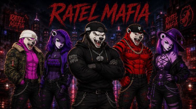 Promotional artwork for 'RATEL MAFIA' featuring five anthropomorphic characters (panda and bear mascots) in streetwear against a neon city background.
