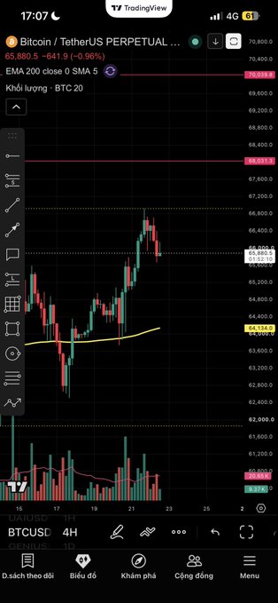 A TradingView mobile chart screenshot showing Bitcoin/TetherUS PERPETUAL on the 4-hour timeframe with BTCUSD at 65,880.5, down 0.96%, displaying red candles and an EMA 200 moving average.
