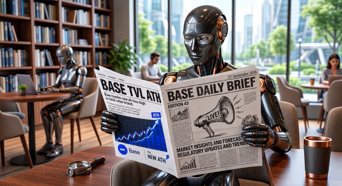 An AI-generated image shows a robot reading the 'BASE DAILY BRIEF, EDITION 43' newspaper dated 22 September 2026, with headlines about 'BASE TVL ATH' and a market chart showing 'NEW ATH' for Base, in a modern library setting.