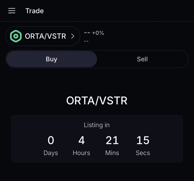 A trading interface shows the ORTA/VSTR pair on the Brolyz platform with a "Listing in" countdown of 4 hours, 21 minutes, and 15 seconds, alongside 0% price change indicators. The image reinforces the post's message by visually emphasizing the imminent listing of ORTA, building anticipation for the trading opportunity mentioned.