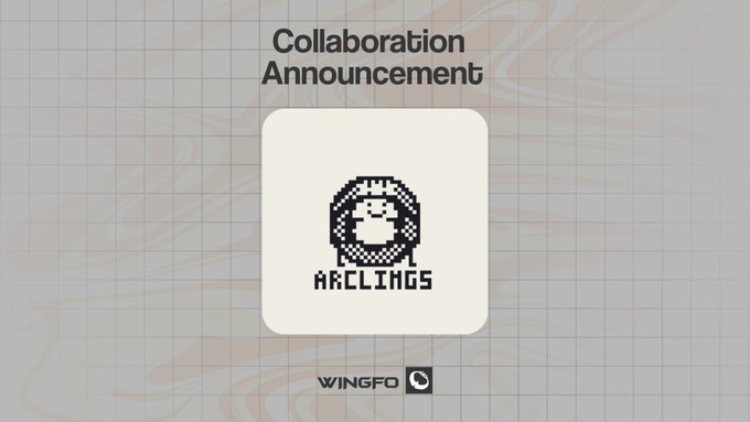 A collaboration announcement graphic featuring a pixel art astronaut logo with the text 'ARCLINGS' on a wavy beige background, posted by WINGFO.