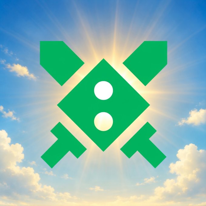A green geometric logo featuring crossed swords and a central diamond shape is set against a bright sky background with sun rays. The image serves as a visual anchor for a giveaway post asking users to comment with their SOL wallet for a chance to win a coffee, with the winner to be announced in 24 hours.