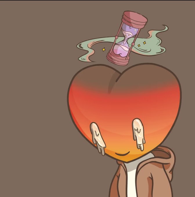 A digital illustration of a character with a large red heart-shaped head wearing a hoodie, with melting eyes and a pink hourglass floating above the head containing a purple substance.